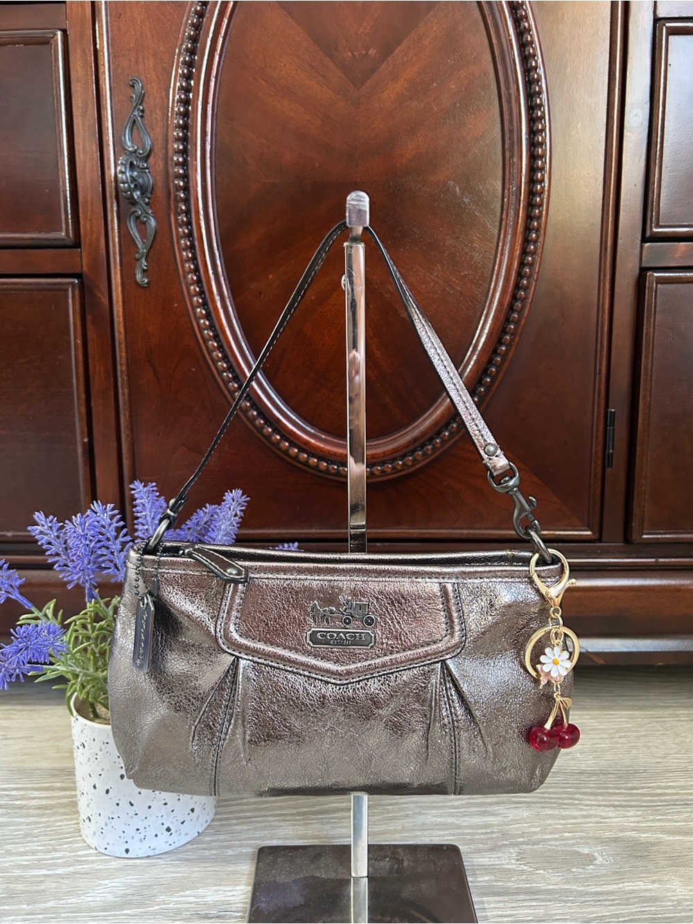 Coach Vintage Metallic Pewter Leather Mini Bag with Cherry Charm